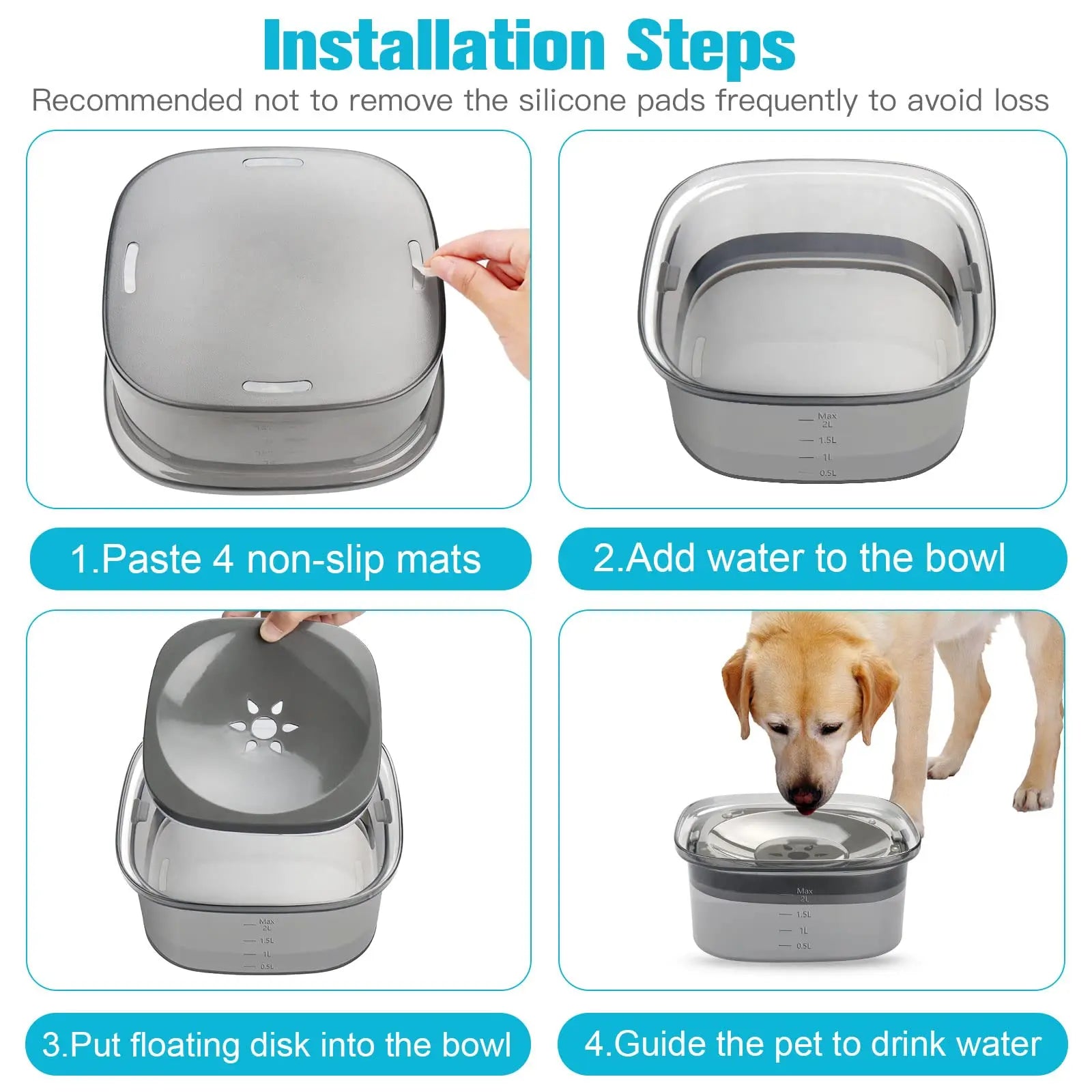 No-Spill 2L Dog Water Bowl Splash-Proof Design