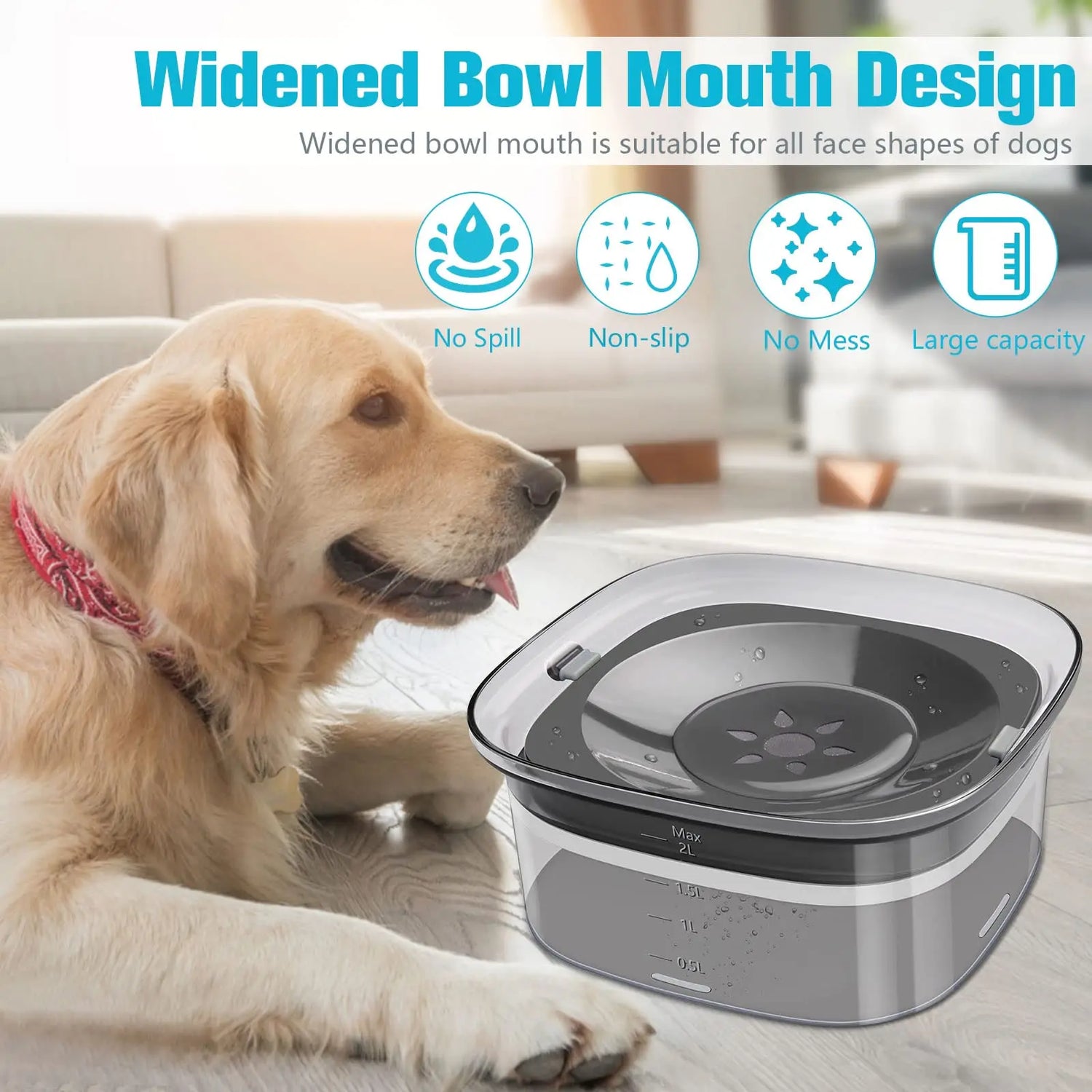 No-Spill 2L Dog Water Bowl Splash-Proof Design